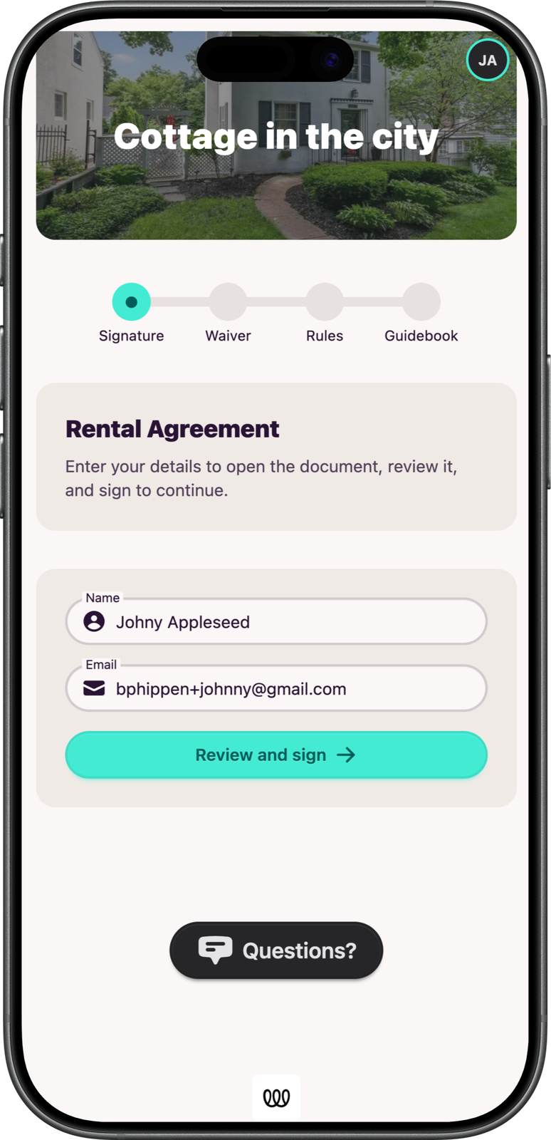Welcora mobile rental agreement signing screen