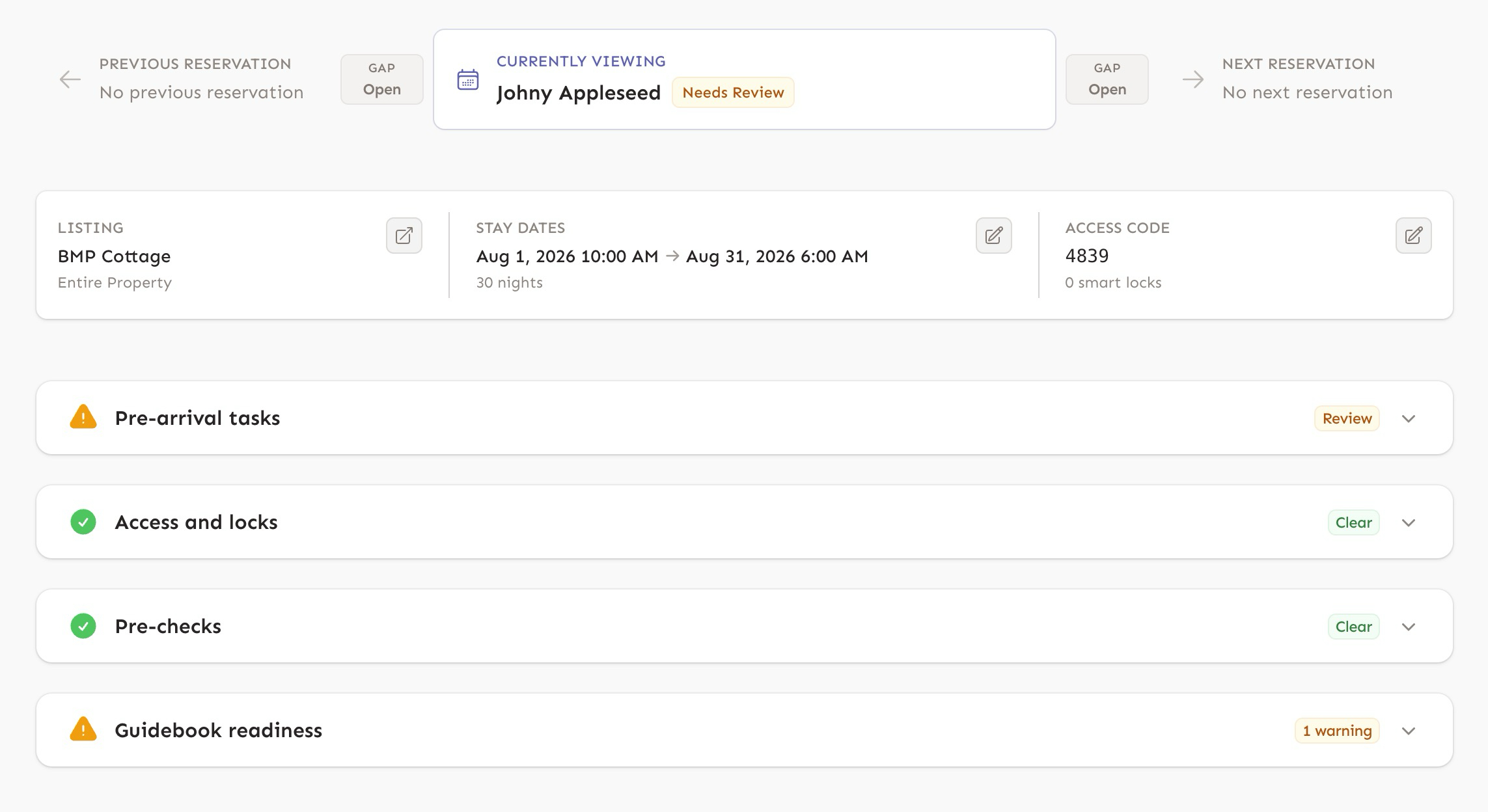 Welcora rental readiness view for a mid-term reservation