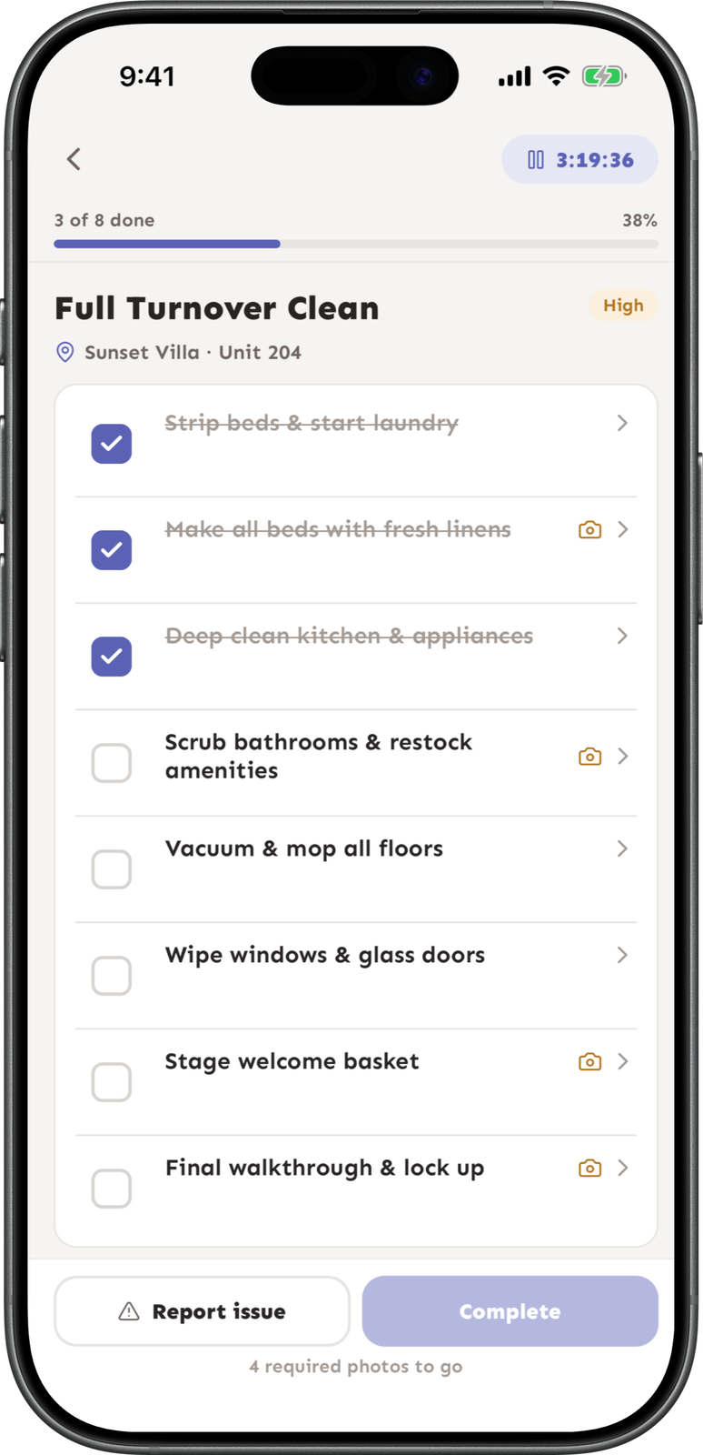 Welcora cleaner app checklist screen